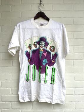 Vintage 1989 The Joker Neon White T-Shirt DC Comics Large Single Stitch Cotton
